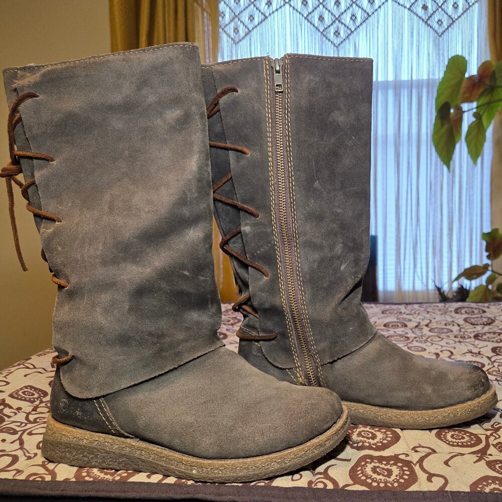 Born Boot "Sable", Wide Shaft Grey, Suede with Lacing, Sz 8/39